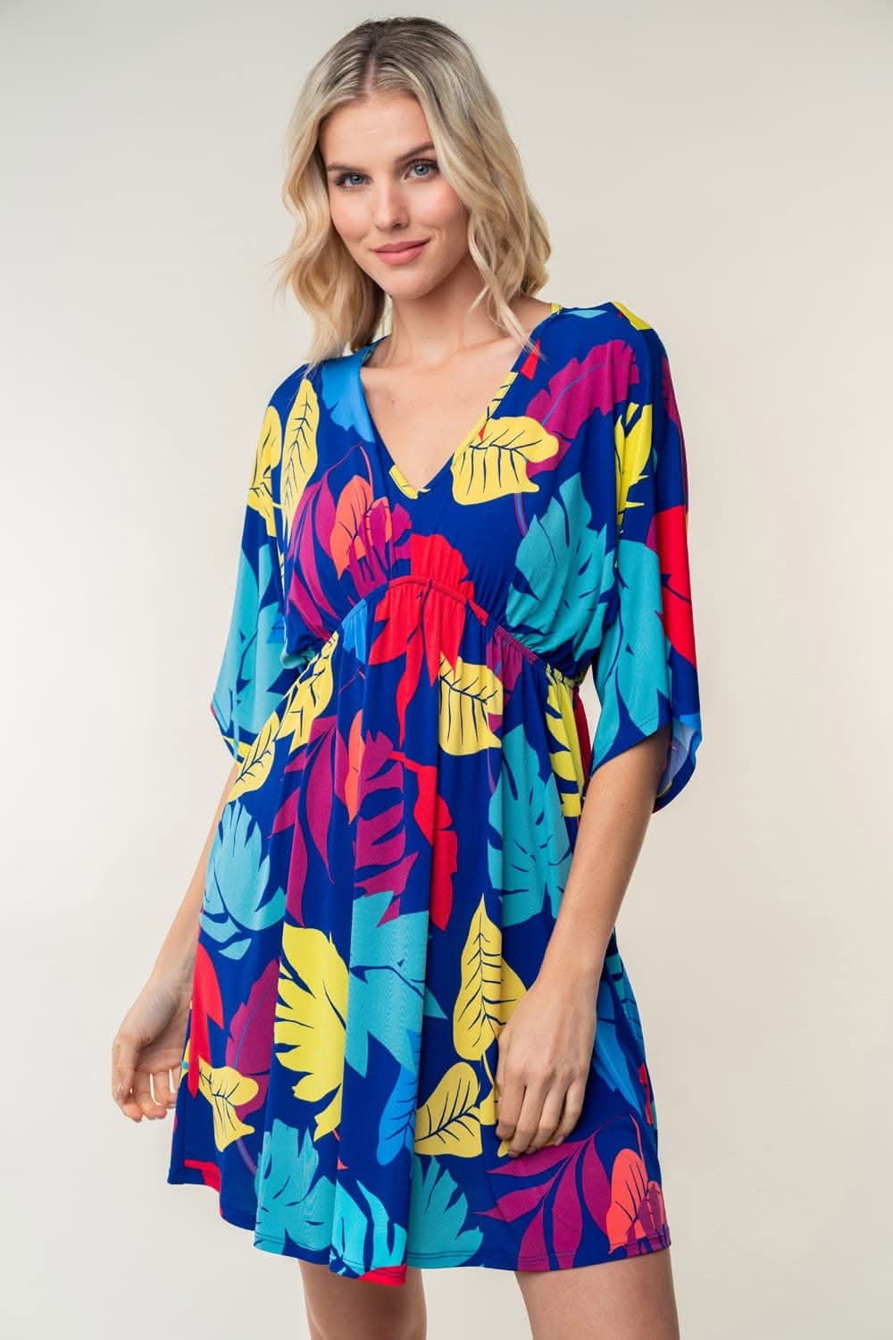 White Birch Full Size Printed V-Neck Mini Dress - Love Salve
